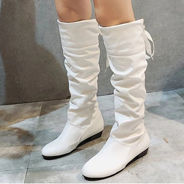 2024Shoes For Women  Knee High Boots Red Black White Tall Boots Woman Pleated Low Heel Casual Leather Female Long Shoes